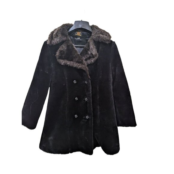 Vintage Avante garde double breasted pea coat faux fur collar black brown  M/L - Picture 2 of 10